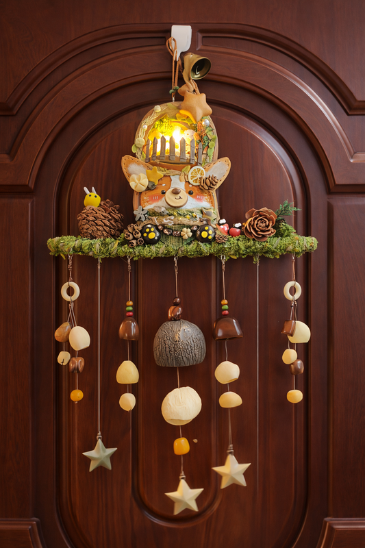 Handmade Woodland Corgi Wind Chime with Lights - Forest Cottagecore Door Hanger Decor - Unique Seed Pod & Pinecone Ornament