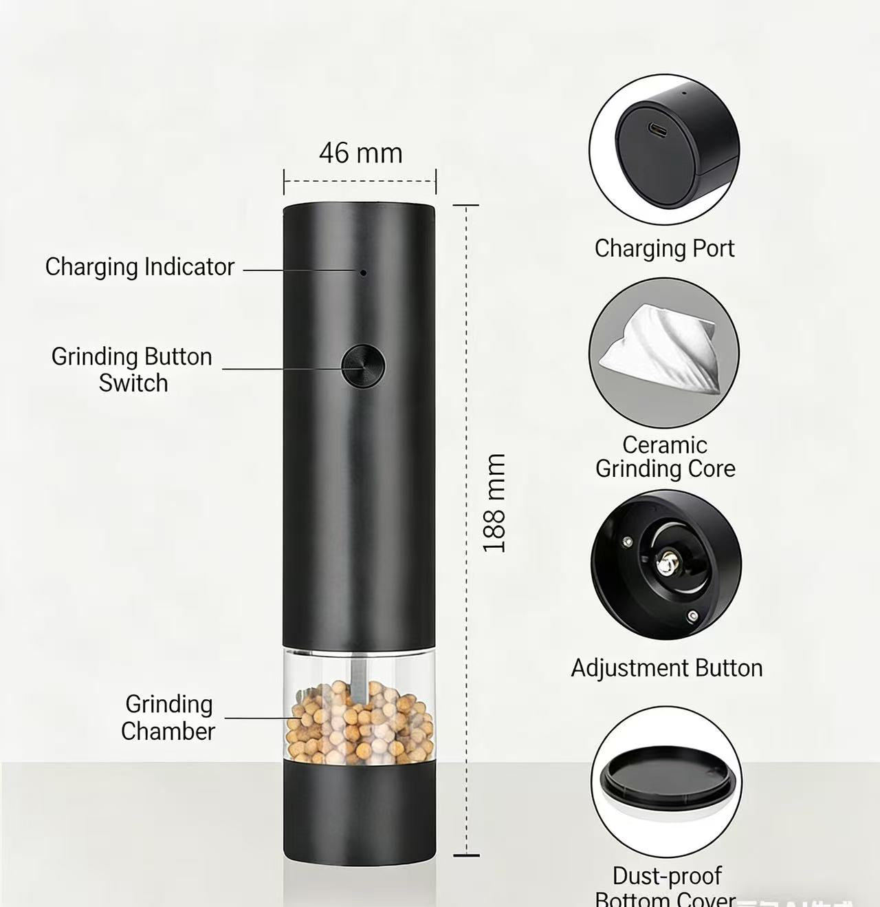 Electric Pepper Grinder Set, Rechargeable Automatic Salt and Pepper Mill with USB Charging Base, Adjustable Coarseness, One Hand Operation for Kitchen, Steak, BBQ