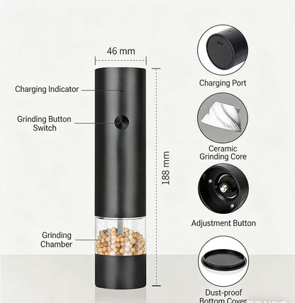 Electric Pepper Grinder Set, Rechargeable Automatic Salt and Pepper Mill with USB Charging Base, Adjustable Coarseness, One Hand Operation for Kitchen, Steak, BBQ