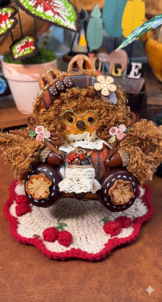 Hadmade DollWillow the Wisdom-Keeper – Handcrafted Forest Guardian with Miniature Floral Basket