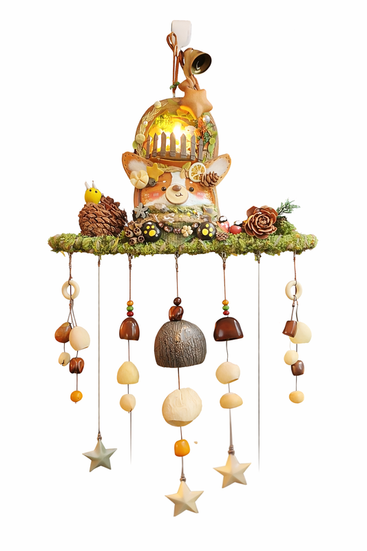 Handmade Woodland Corgi Wind Chime with Lights - Forest Cottagecore Door Hanger Decor - Unique Seed Pod & Pinecone Ornament