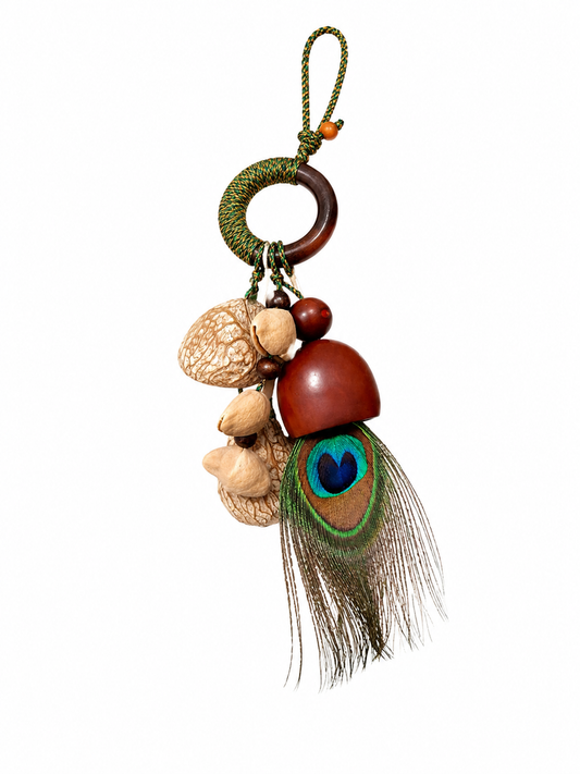 Handmade Boho Seed Pod Bag Charm | Natural Nut Shell Purse Accessory & Car Hanging Ornament with Peacock Feather