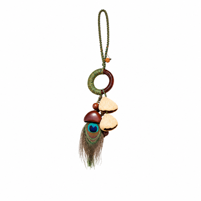 Handmade Boho Seed Pod Bag Charm | Natural Nut Shell Purse Accessory & Car Hanging Ornament with Peacock Feather