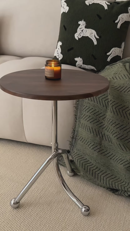 Retro Tripod Side Table | Solid Walnut Wood Round Top with Polished Chrome Legs | Sturdy Accent Table for Modern & Industrial Home Decor